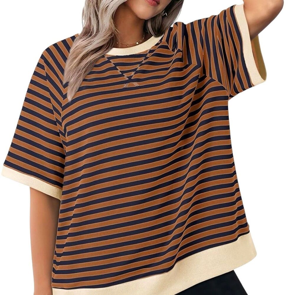 Dokotoo Knit Top Blouse Crewneck Stripe Rugby Brown Black XL